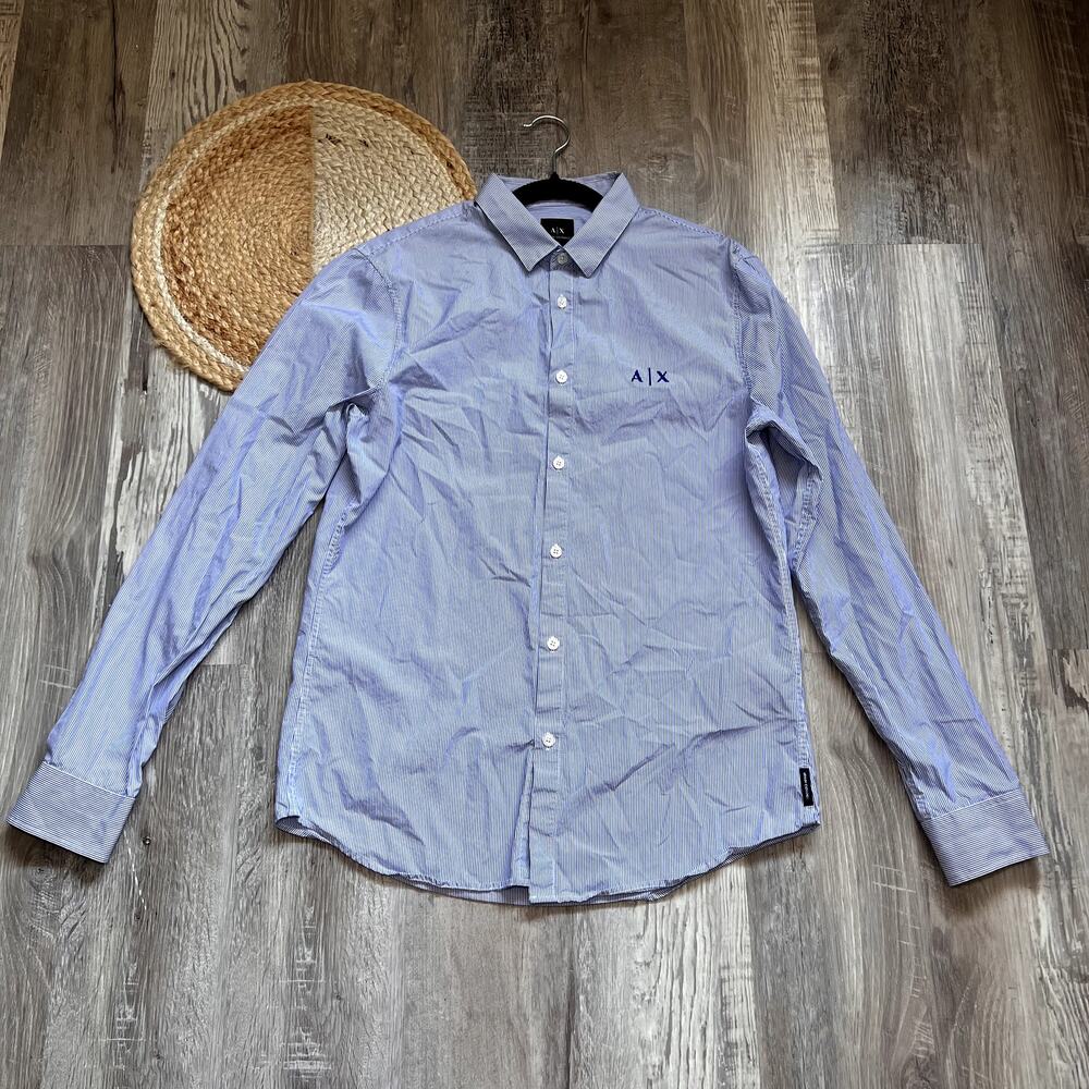 ARMANI EXCHANGE Blue Pinstriped Long-Sleeve Button-Up Mens Shirt